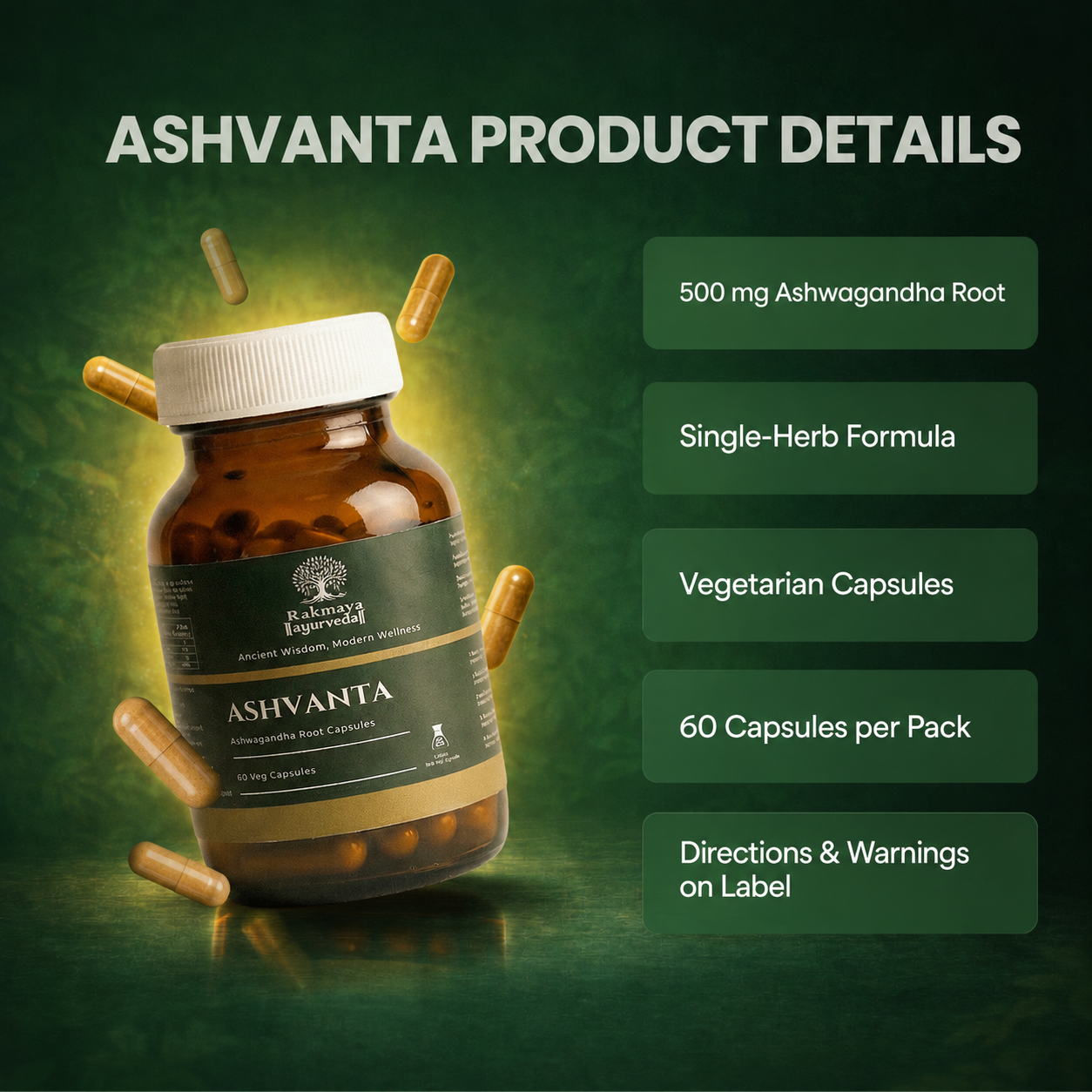Ashvanta | Pure Ashwagandha Root Capsules | FSSAI Certified | 60 Veg Capsules