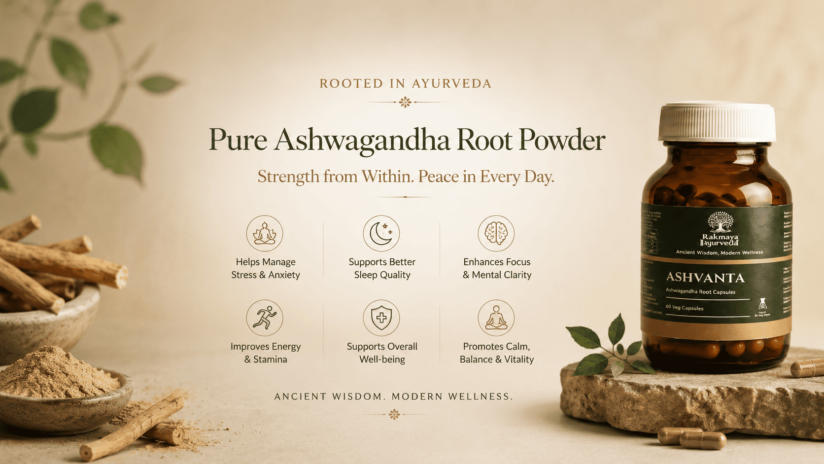 Ashvanta | Pure Ashwagandha Root Capsules | FSSAI Certified | 60 Veg Capsules Banner 1