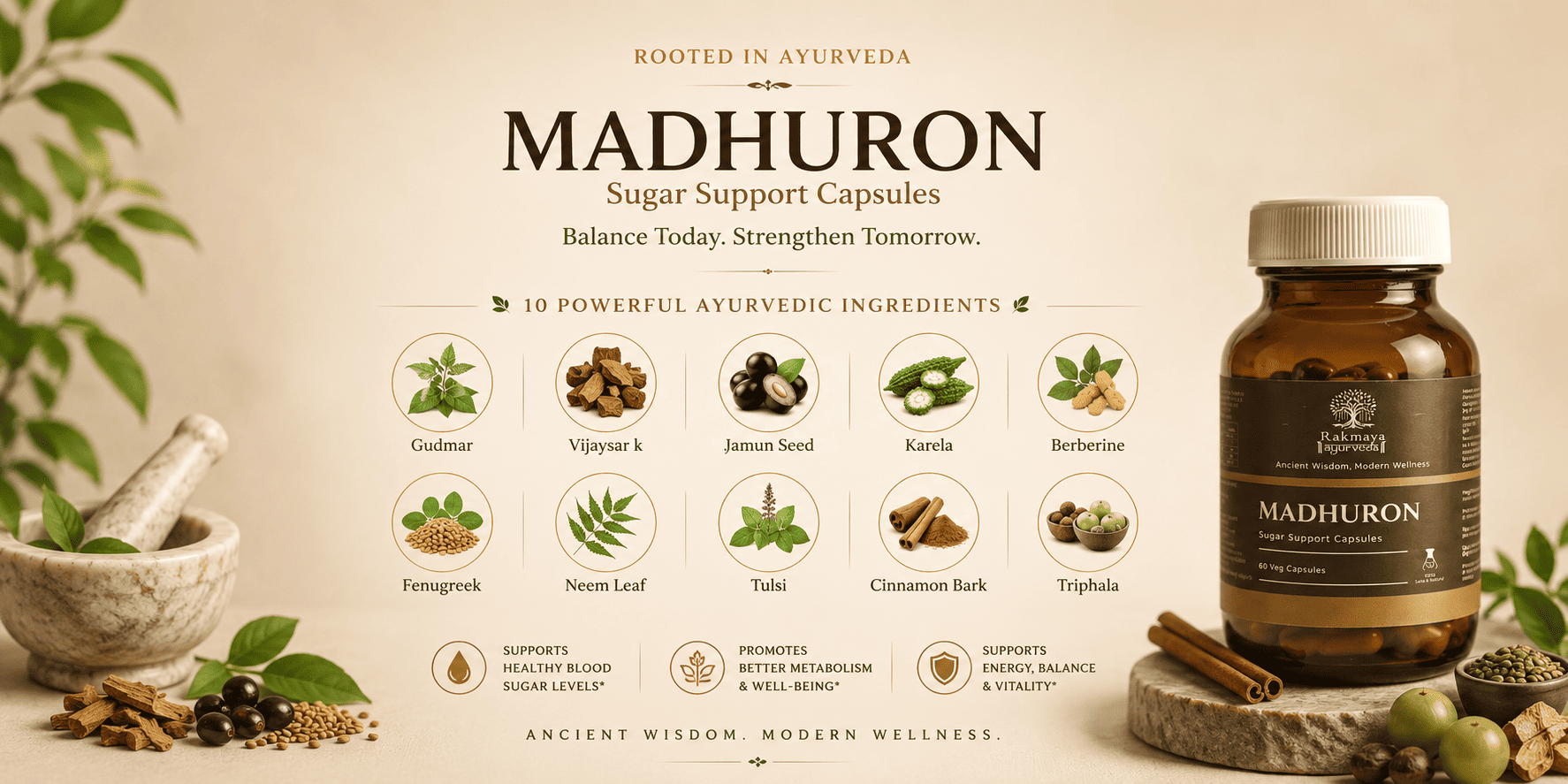 Madhuron|Herbal Wellness Supplement| FSSAI Certified | 60 Veg Capsules Banner 1