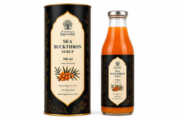 Rakmaya Ayurveda Sea Buckthorn Syrup 500ml bottle and tin - Ladakh Sea Buckthorn