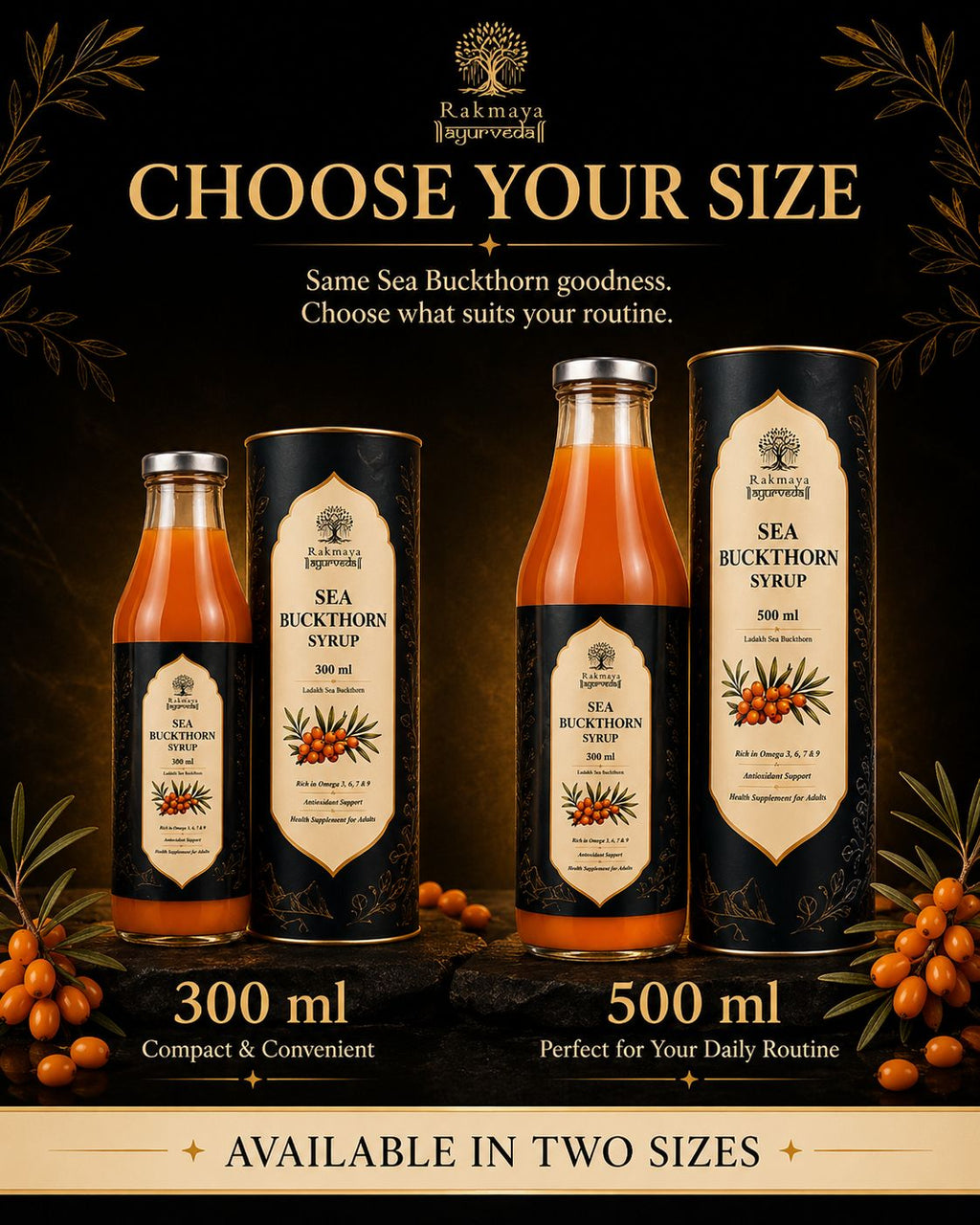 Rakmaya Sea Buckthorn Syrup available in 300ml and 500ml sizes